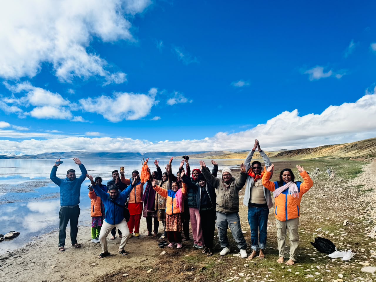 Pilgrimage group with tour leader at Mount Kailash Mansarovar